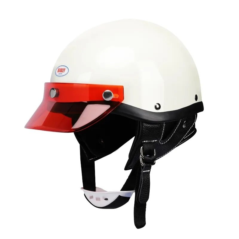 White & Red Retro Open Face 3/4 Beasley Motorcycle Helmet Small (S)= 50-53 CM’s Black