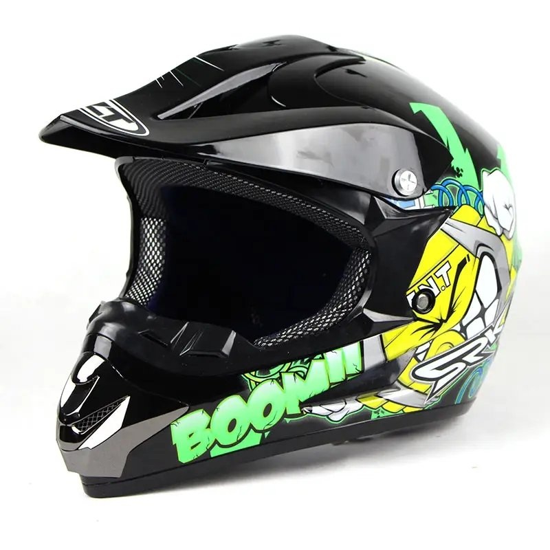 Black, Green & Yellow BOOM Dirt Bike Motorcycle Helmet Small (S)= 50-53 CM’s