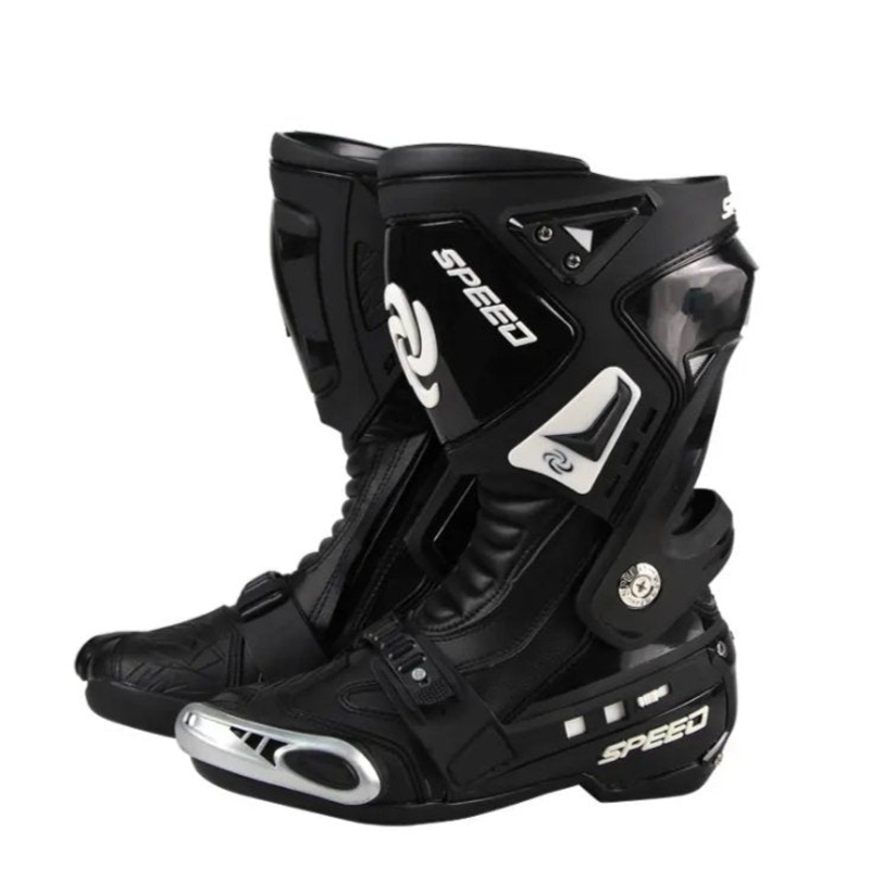 Black & White Tall Speed Leather Motorcycle Boots US: 6 Black