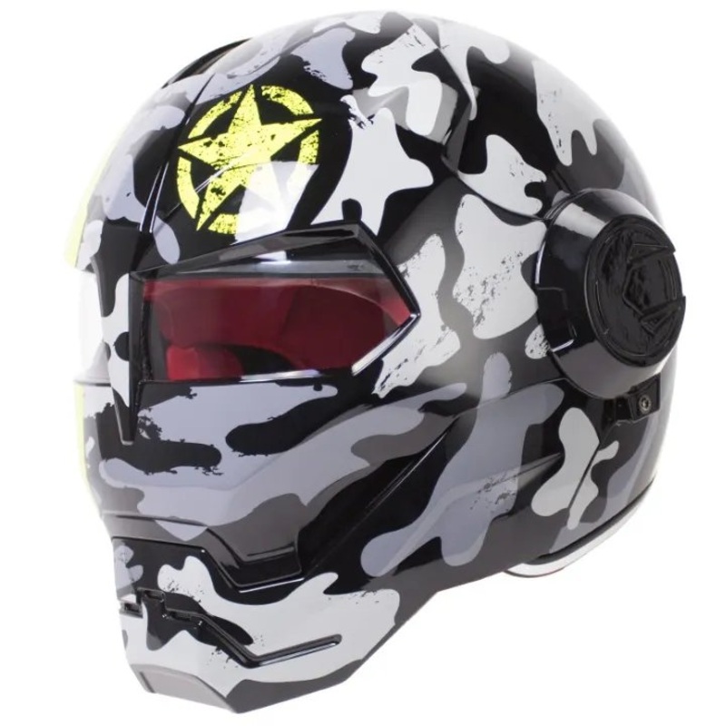 Gray, Black, Yellow Star Camouflage Iron Man Motorcycle Helmet Medium (M)= 57-58 CM’s