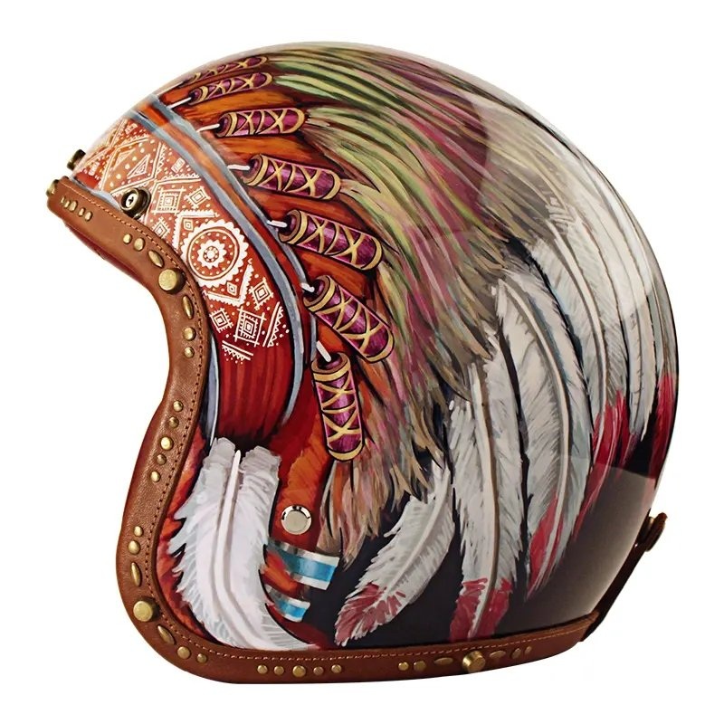 Hand Painted Feather Headdress Retro Motorcycle Helmet Small (S)= 50-53 CM’s