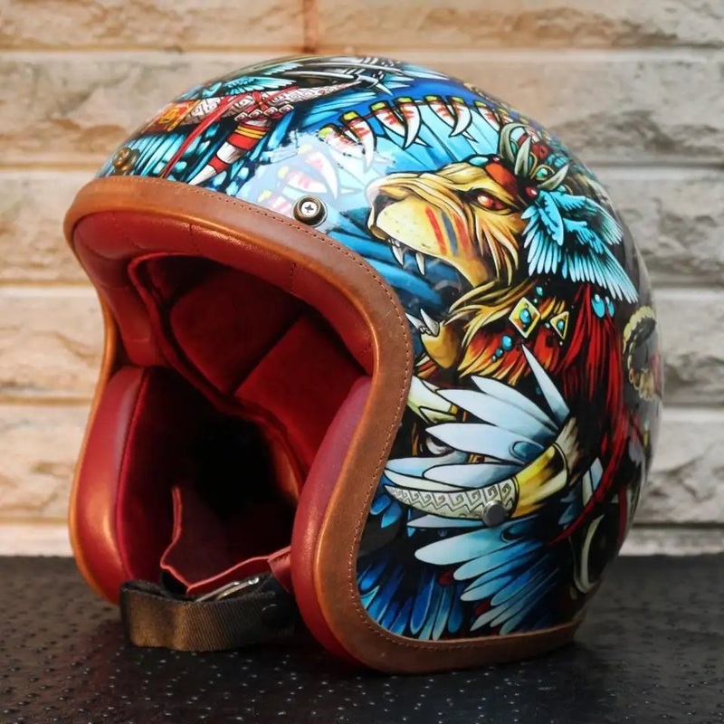 Hand Painted Lion Warrior Retro Motorcycle Helmet Small (S)= 50-53 CM’s