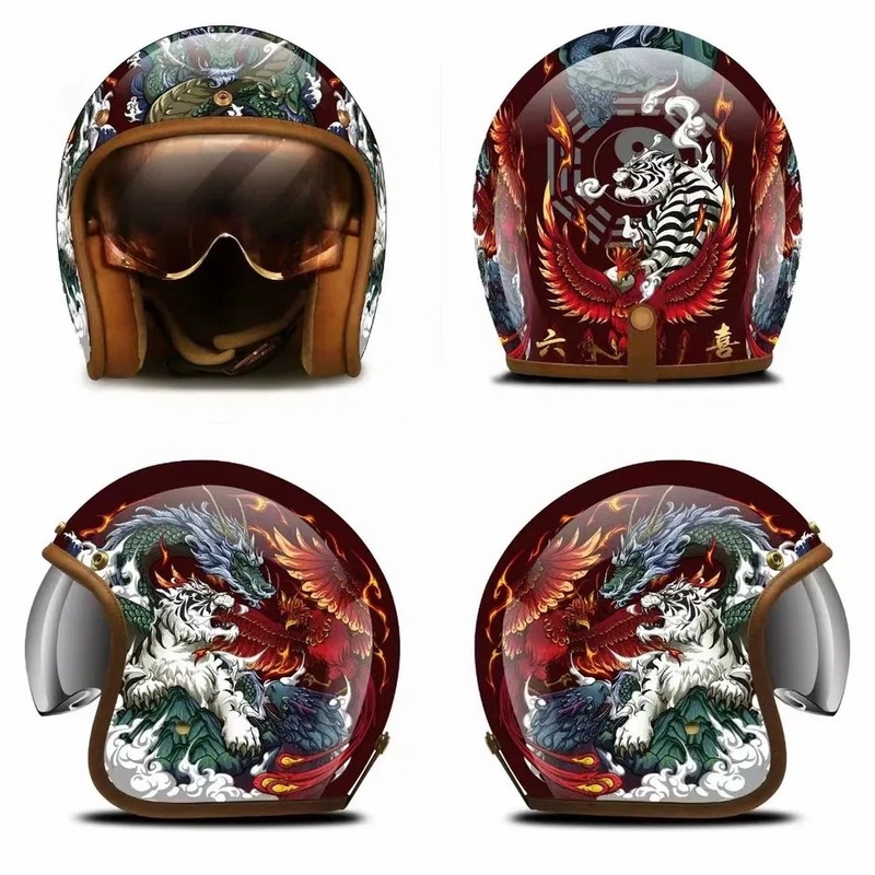 Hand Painted Tiger, Dragon & Phoenix Retro Motorcycle Helmet Small (S)= 50-53 CM’s