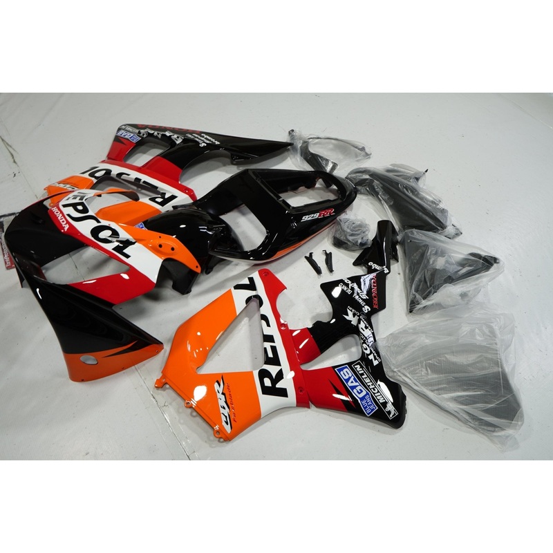 Honda CBR900RR 929 (2000-2001) Black, Orange, Red & White Repsol Fairings Clear Windscreen: Free No Bolt Kit
