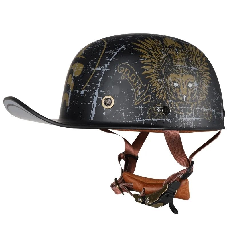 Matte Black & Gold Owl Retro Baseball Cap Motorcycle Helmet Small (S)= 50-53 CM’s