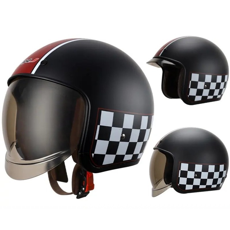 Matte Black, Red & White Checkered Retro Motorcycle Helmet Small (S)= 50-53 CM’s