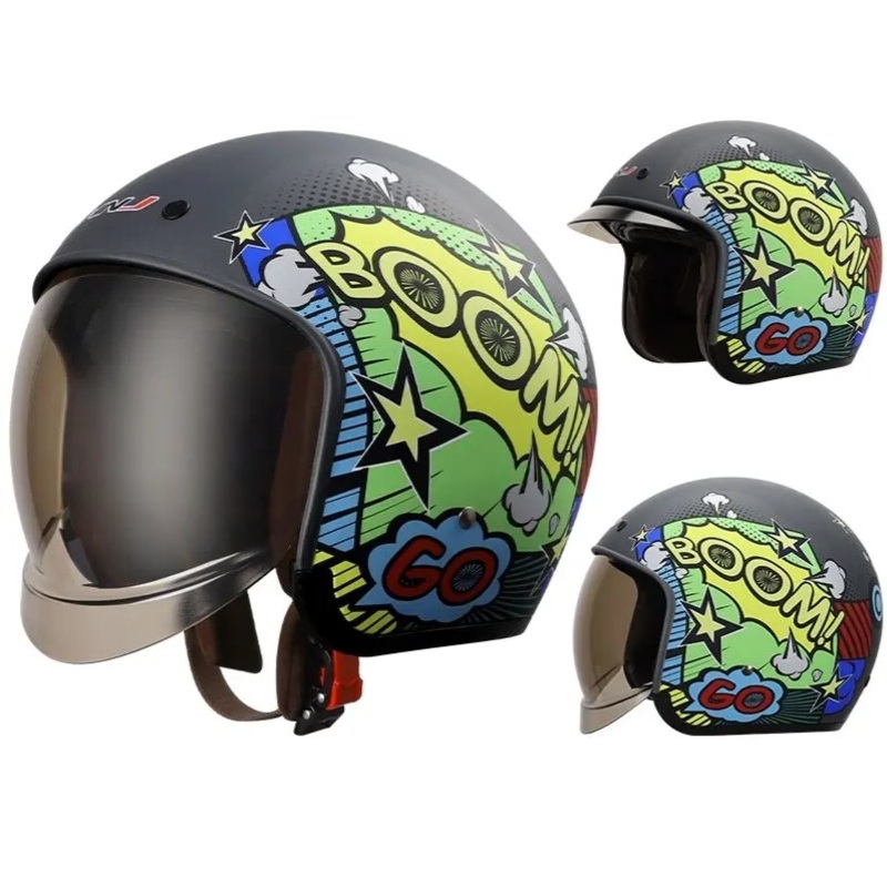 Matte Black, Yellow, Green & Blue Boom Retro Motorcycle Helmet Small (S)= 50-53 CM’s