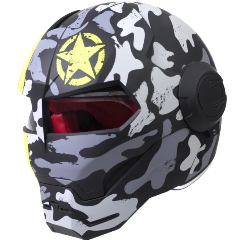 Matte Gray, Black & Yellow Star Camouflage Iron Man Motorcycle Helmet Medium (M)= 57-58 CM’s
