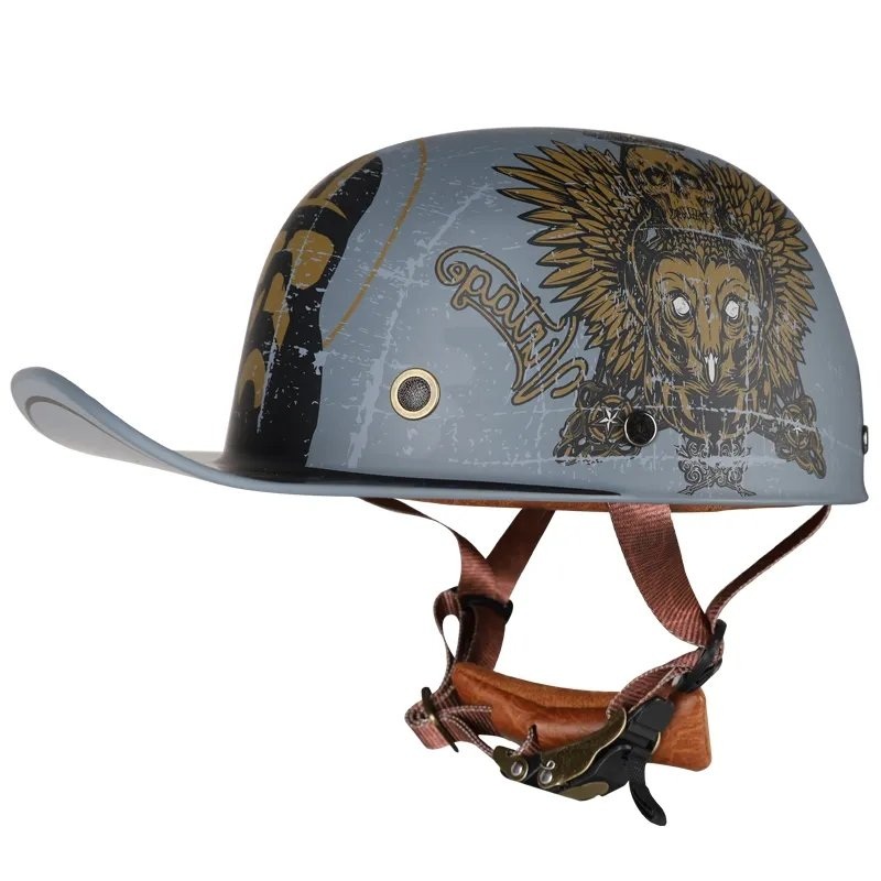 Matte Gray & Gold Owl Retro Baseball Cap Motorcycle Helmet Small (S)= 50-53 CM’s