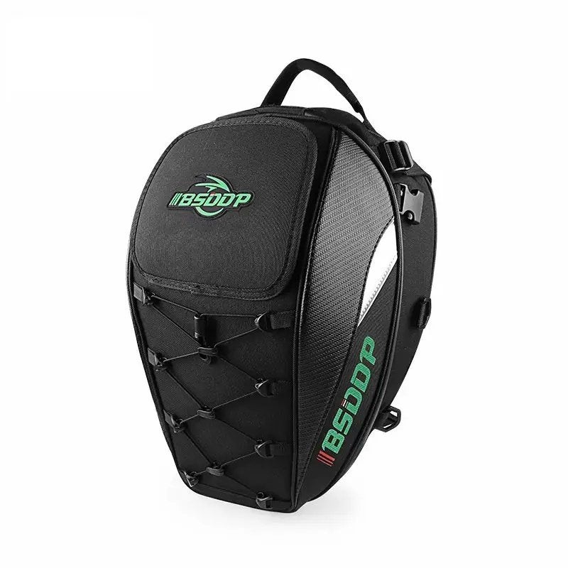 Motorcycle Helmet Backpack & Waterproof Backseat Travel Bag (Black, Green & Carbon Fiber) Green Logos