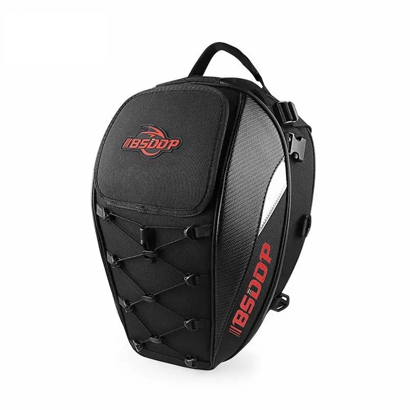 Motorcycle Helmet Backpack & Waterproof Backseat Travel Bag (Black, Red & Carbon Fiber) Red Logos