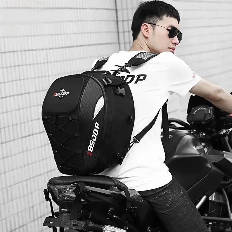 Motorcycle Helmet Backpack & Waterproof Backseat Travel Bag (Black, White, Red & Carbon Fiber) White & Red Logos