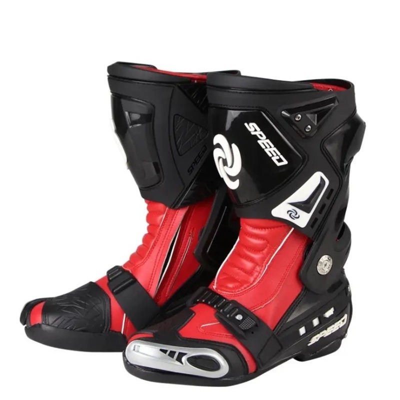 Red & Black Tall Speed Leather Motorcycle Boots US: 6 Red