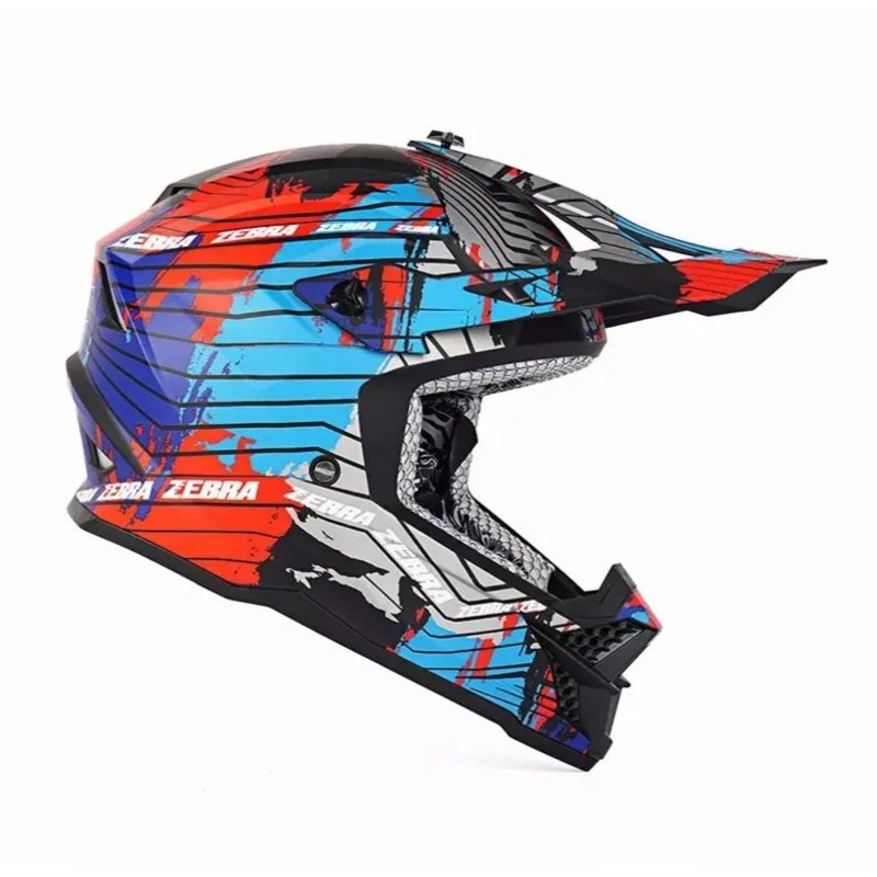 Red, Blue, Gray, Light Blue & Black Stripe Zebra Dirt Bike Motorcycle Helmet Small (S)= 50-53 CM’s