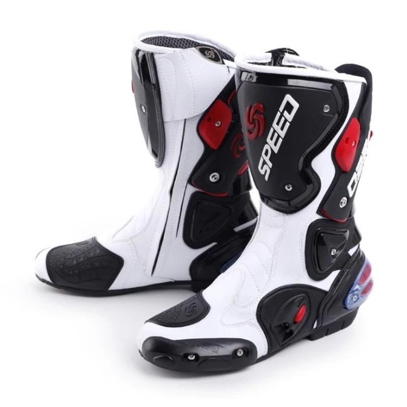 White, Black & Red Speed Leather Motorcycle Boots US: 6 White