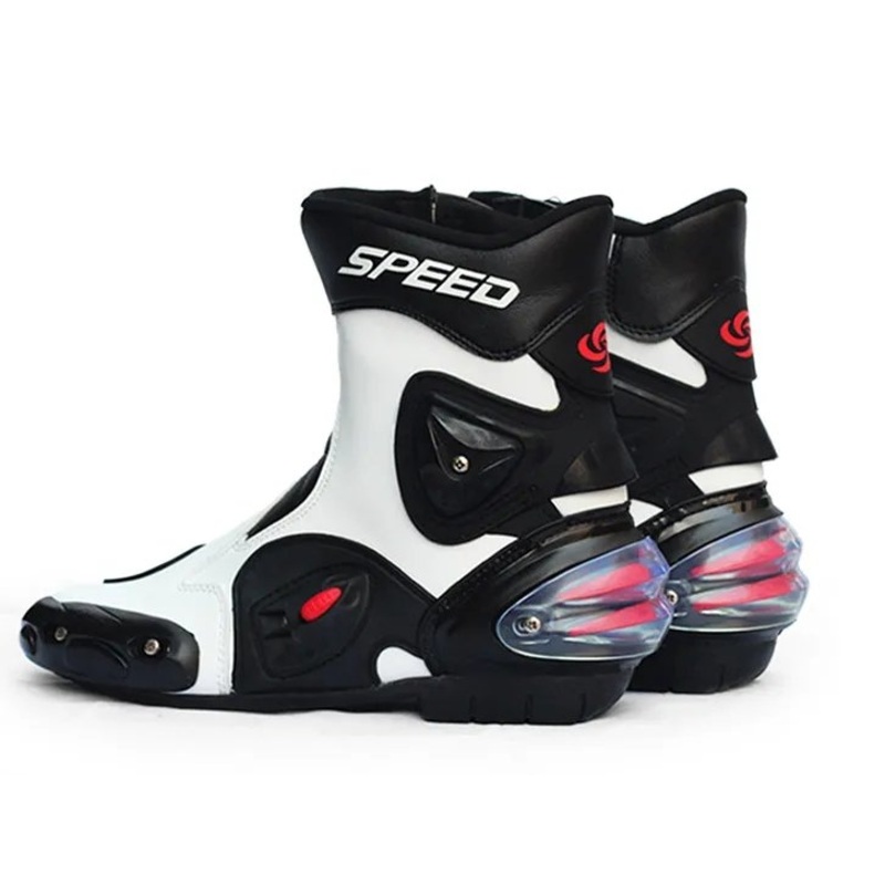White, Black & Red Speed Leather Motorcycle Mid Boots US: 6 White