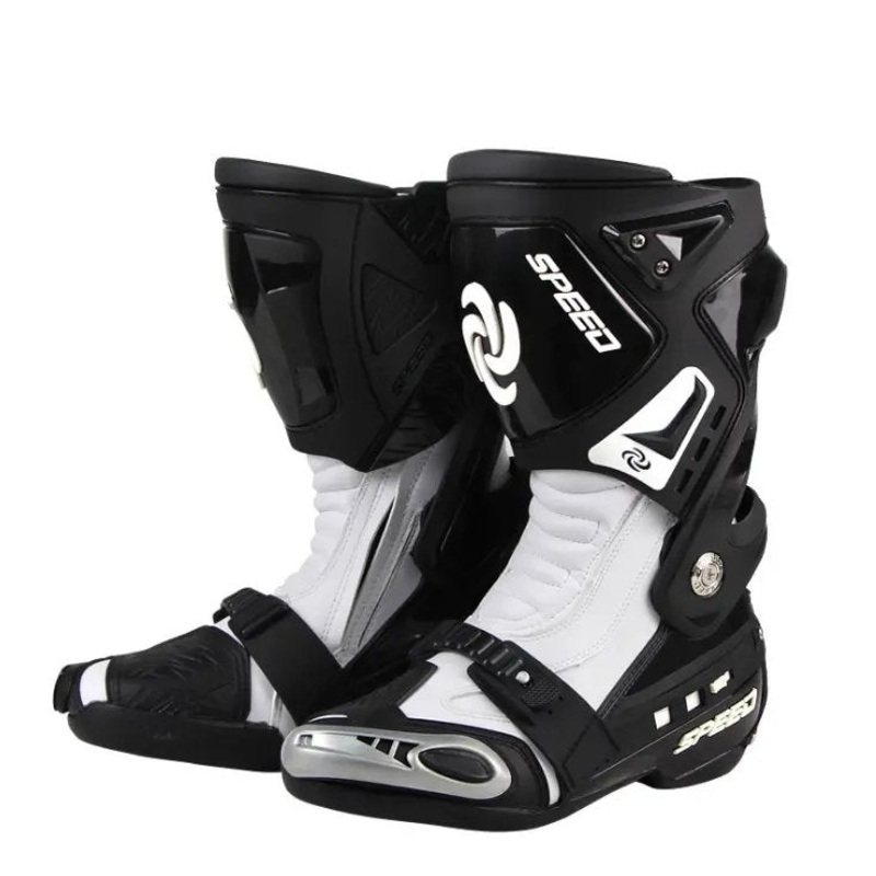 White & Black Tall Speed Leather Motorcycle Boots US: 6 White