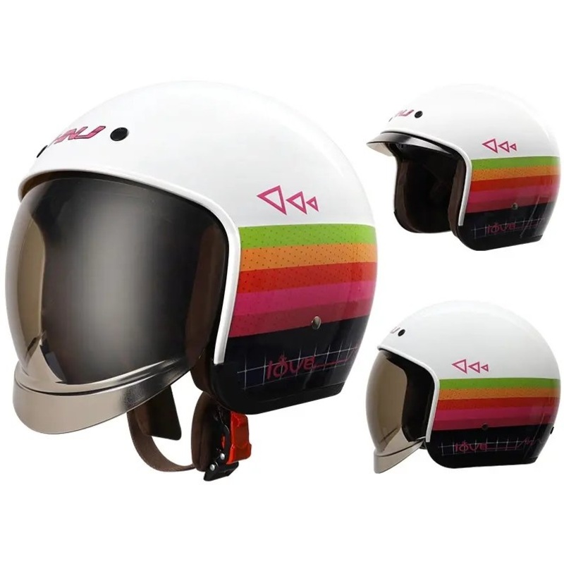 White Rainbow Striped Retro Motorcycle Helmet Small (S)= 50-53 CM’s