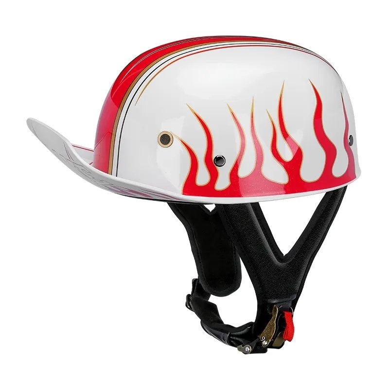 White & Red Flame Vintage Baseball Cap Motorcycle Helmet Small (S)= 50-53 CM’s