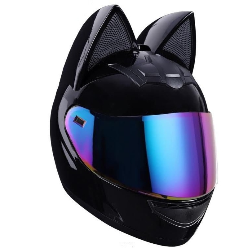 Black HNJ Motorcycle Helmet with Cat Ears & Blue Visor Blue/Pink Visor Small (S)= 50-53 CM’s