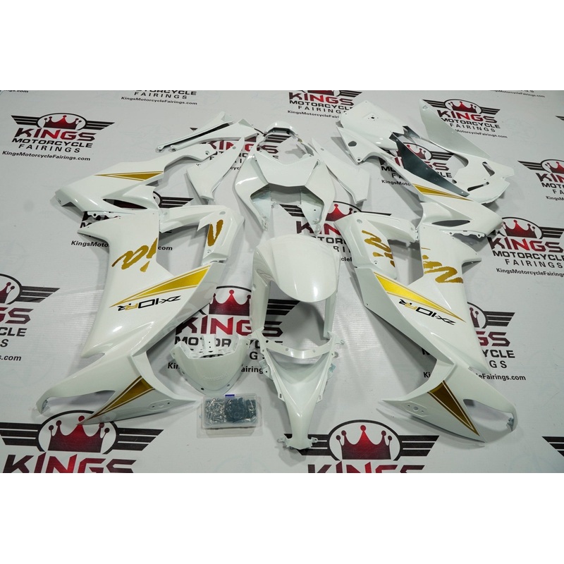Fairing kit for a Kawasaki Ninja ZX10R (2008-2010) All Pearl White & Gold Clear Windscreen: Free No Seat Cowl No Bolt Kit