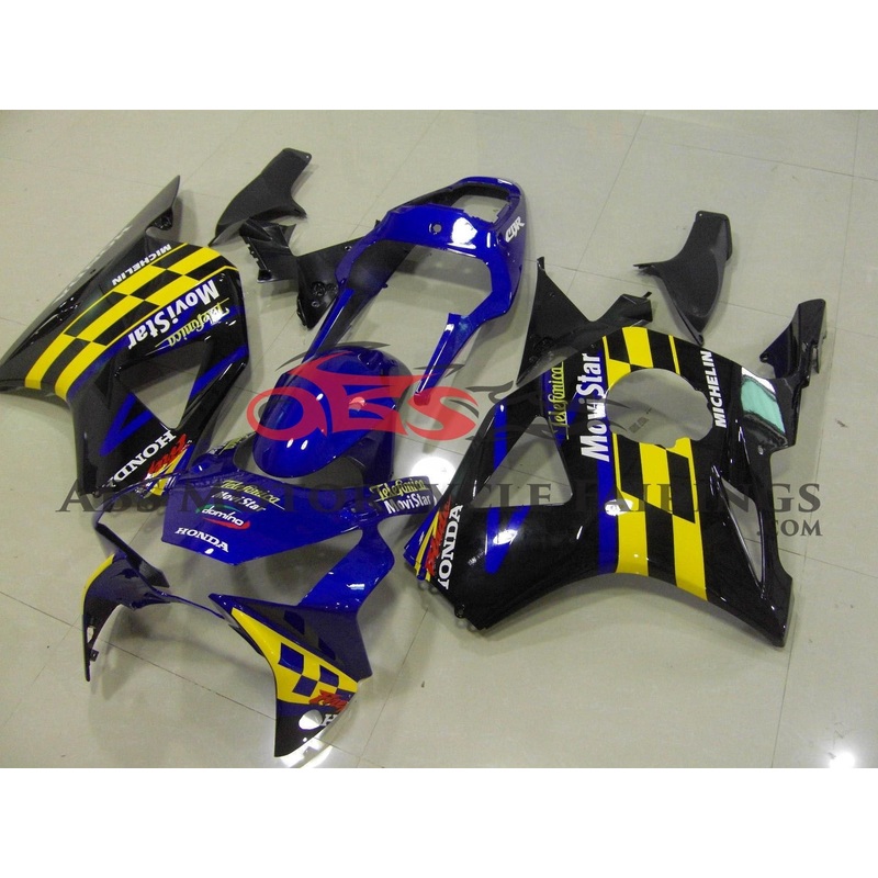 HONDA CBR900RR 954 (2002-2003) Blue, Black, Yellow & White Movistar Fairings Clear Windscreen: Free No Bolt Kit