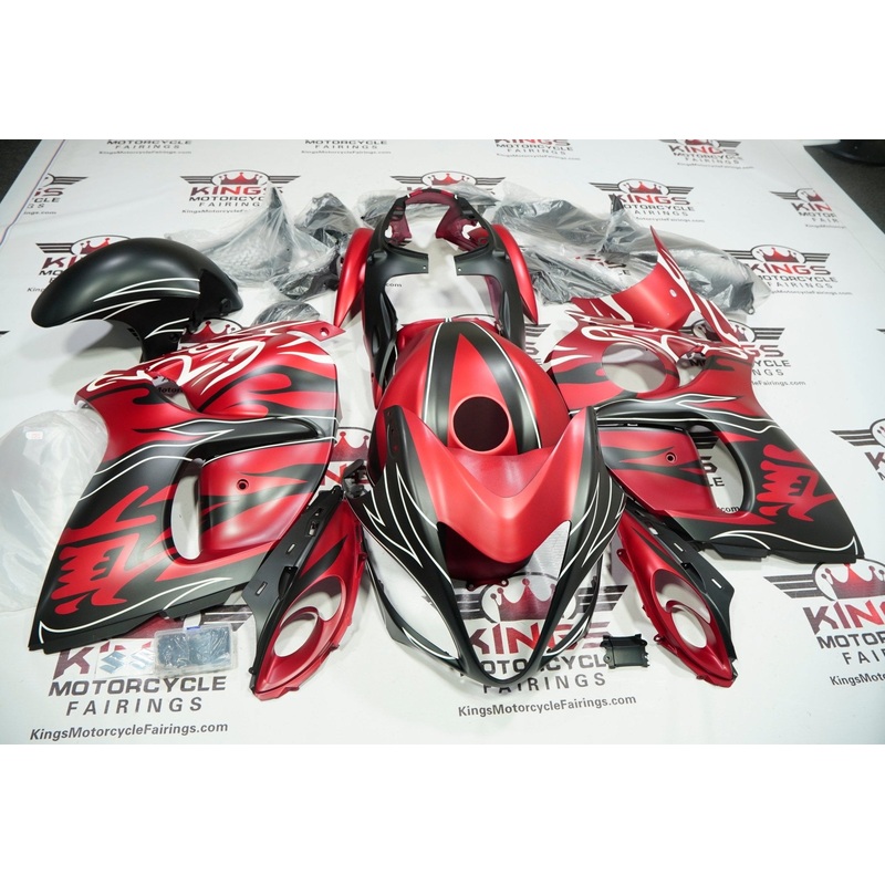 Suzuki GSX1300R Hayabusa (2008-2020) Matte Candy Red, Matte Black, White Tribal Flame Fairings No Seat Cowl No Bolt Kit No Tank