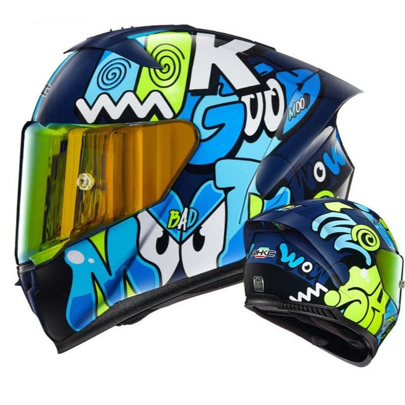 Blue, White & Neon Good Mood Motorcycle Helmet Small (S)= 55-56 CM’s Clear