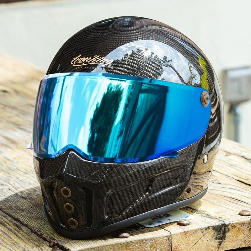 Carbon Fiber Iron King Motorcycle Helmet with Blue Visor Small (S)= 53-54 CM’s Black Visor