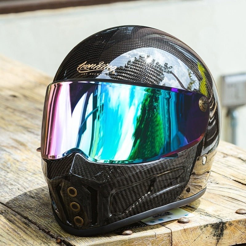 Carbon Fiber Iron King Motorcycle Helmet with Green Visor Small (S)= 53-54 CM’s Black Visor