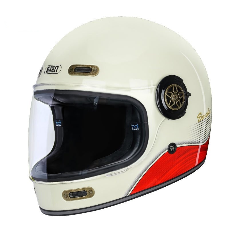 Cream White, Red, Black, Gold Beasley Motorcycle Helmet Medium (M)= 55-56 CM’s Clear Visor