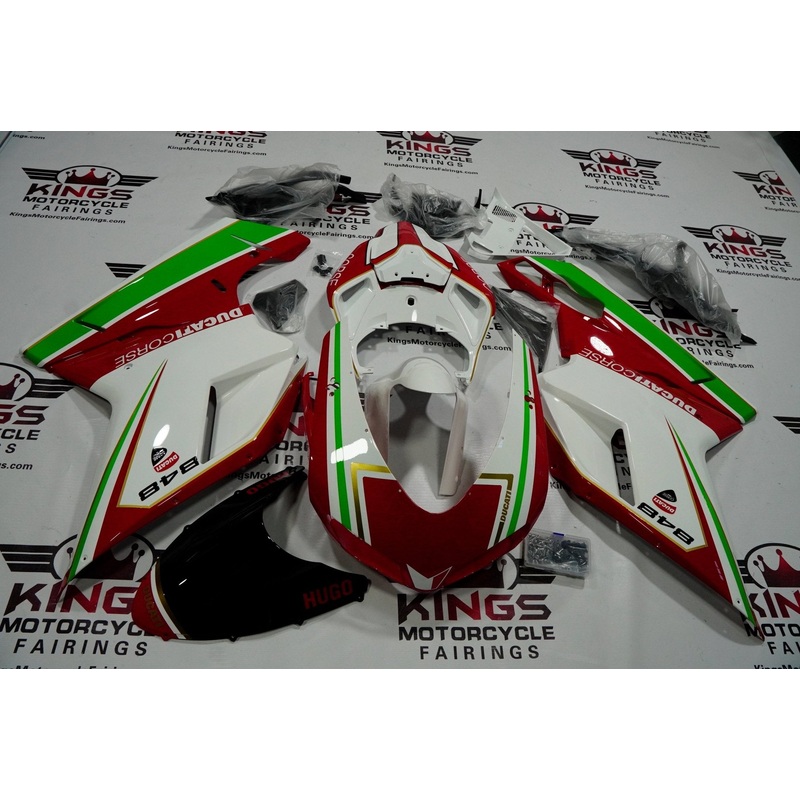 Ducati 848 (2007-2014) Red, White, Green & Gold Fairings Clear Windscreen: Free No Seat Cowl No Bolt Kit