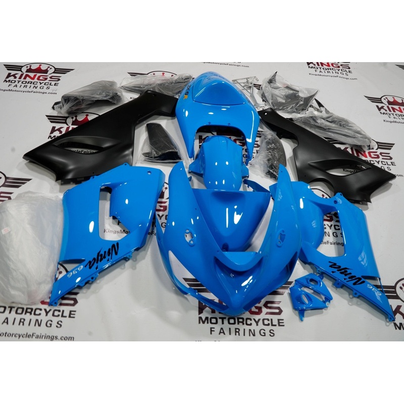 Fairing kit for a Kawasaki ZX6R 636 (2005-2006) Light Blue & Matte Black Clear Windscreen: Free No Seat Cowl No Bolt Kit