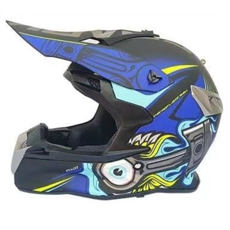 Matte Black, Blue, Gray, Turquoise & Yellow Piston Dirt Bike Motorcycle Helmet Small (S)= 54-55 CM’s