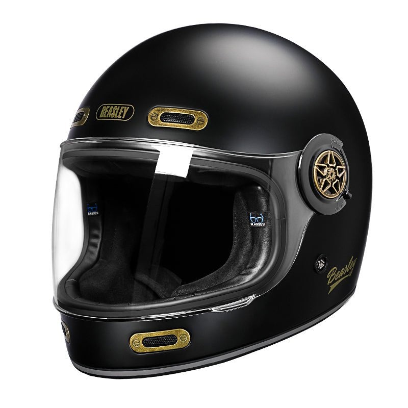 Matte Black, Gold Beasley Motorcycle Helmet Medium (M)= 55-56 CM’s Clear Visor