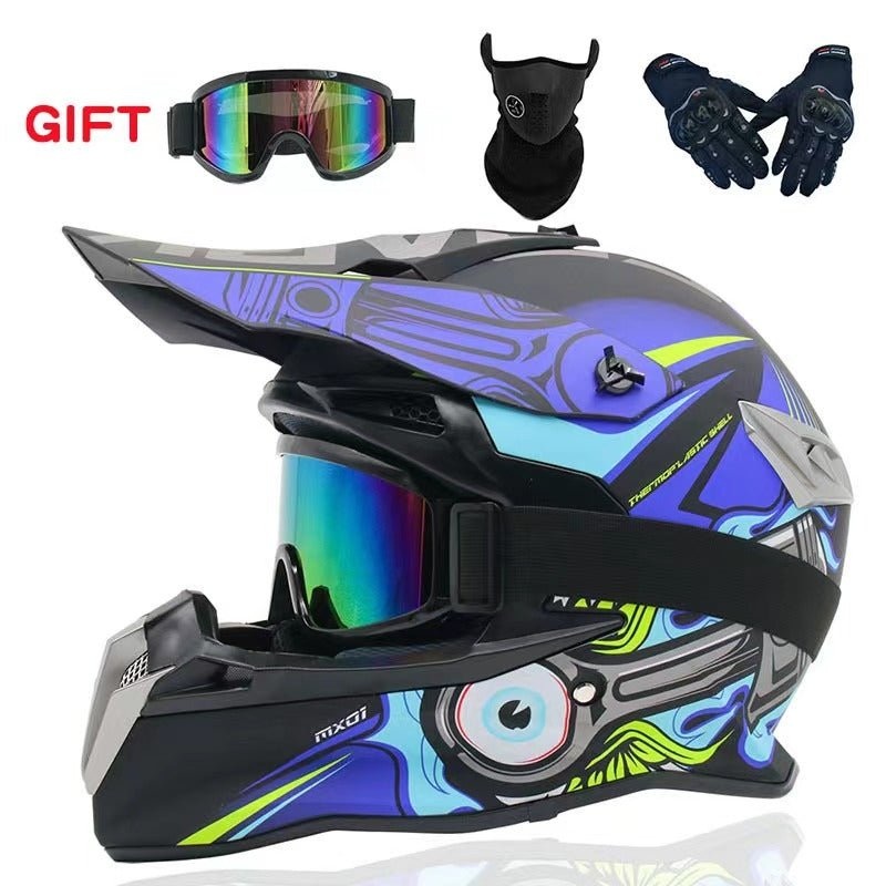 Motocross Helmet – Matte Black, Blue, Gray, Turquoise & Yellow Piston Small (S)= 54-55 CM’s