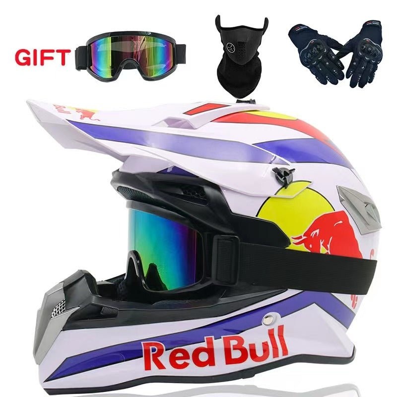 Motocross Helmet – White, Blue, Yellow & Red Bull Small (S)= 54-55 CM’s