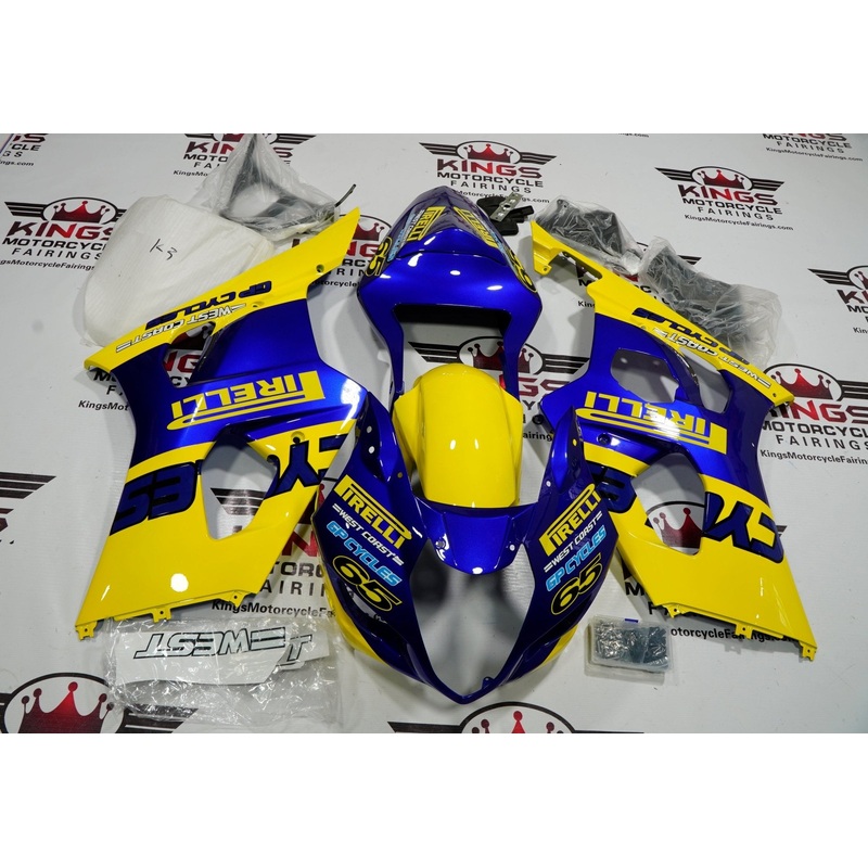 Suzuki GSXR1000 (2003-2004) Yellow & Blue Pirelli Fairings Clear Windscreen: Free No Seat Cowl No Bolt Kit
