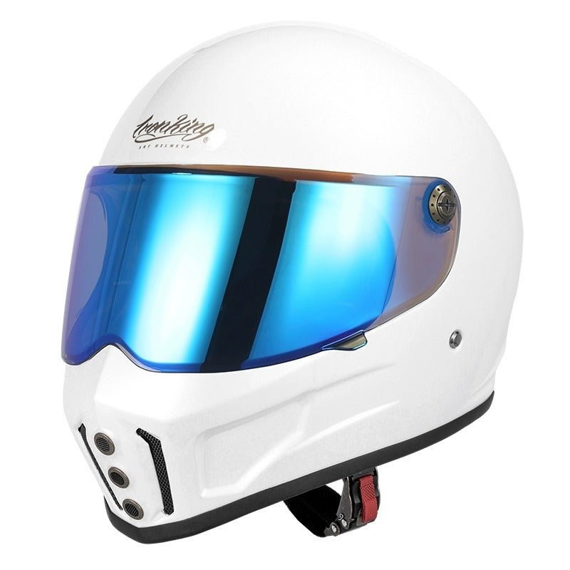 White Iron King Motorcycle Helmet with Blue Visor Small (S)= 53-54 CM’s Blue Visor