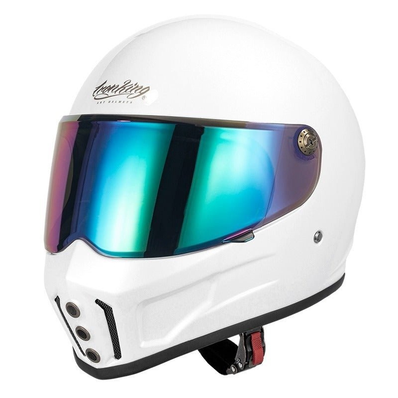 White Iron King Motorcycle Helmet with Green Visor Small (S)= 53-54 CM’s Green Visor