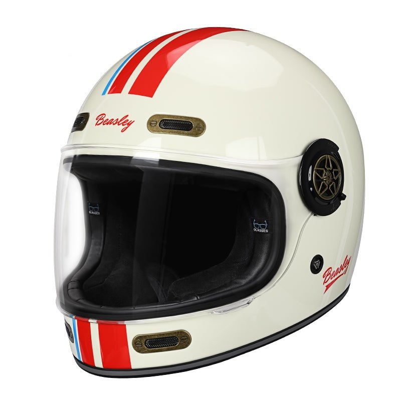 White, Red, Blue Striped Beasley Motorcycle Helmet Medium (M)= 55-56 CM’s Clear Visor