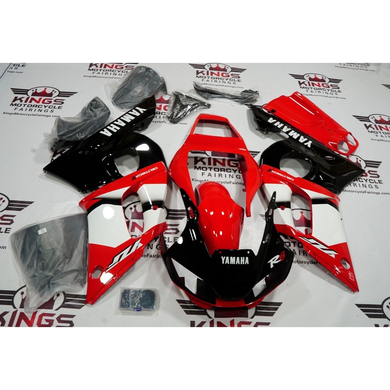 Yamaha YZF-R6 (1998-2002) Red, Black, White Deltabox Fairings Clear Windscreen: Free No Bolt Kit