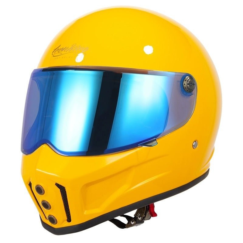 Yellow Iron King Motorcycle Helmet with Blue Visor Small (S)= 53-54 CM’s Blue Visor