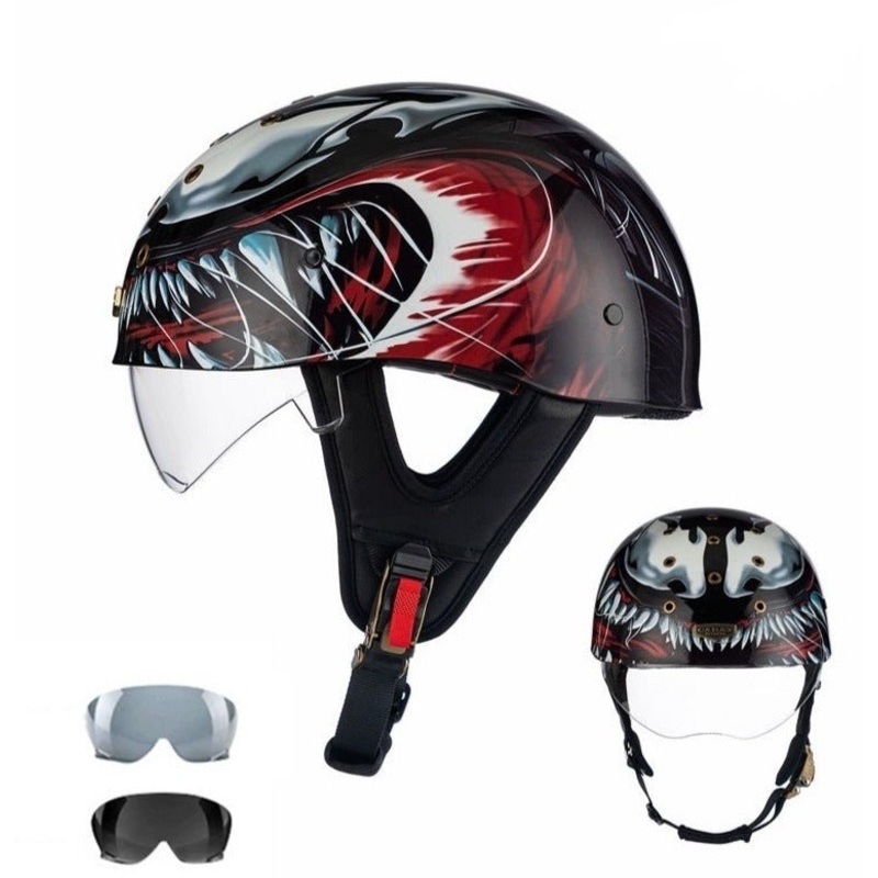 Black, Red & White Venom Half Bucket Motorcycle Helmet Medium (M)= 52-54 CM’s Clear
