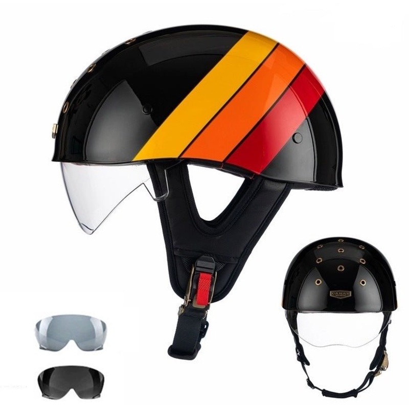 Black, Yellow, Orange & Red Half Bucket Motorcycle Helmet Medium (M)= 52-54 CM’s Clear