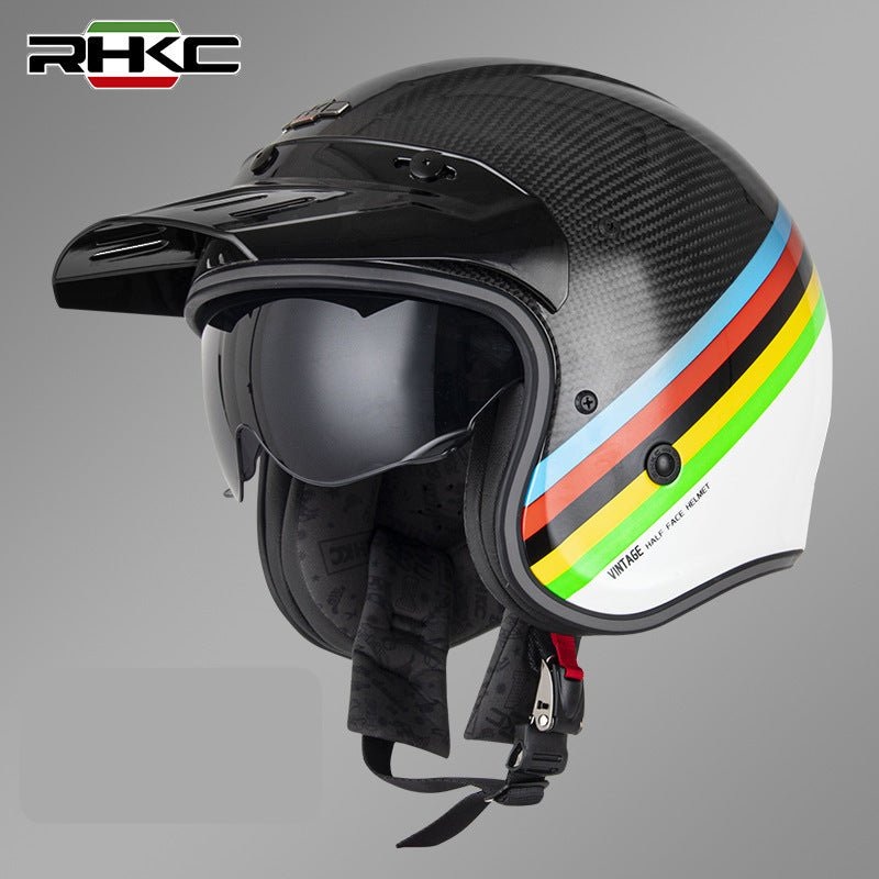 Carbon Fiber Colored Stripe RHKC Open Face Motorcycle Helmet Medium (M)= 53-54 CM’s