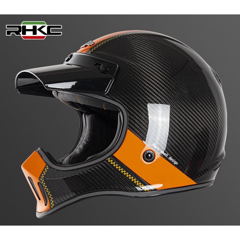 Carbon Fiber, Orange & Black RHKC Motorcycle Helmet Medium (M)= 57-58 CM’s No Goggles