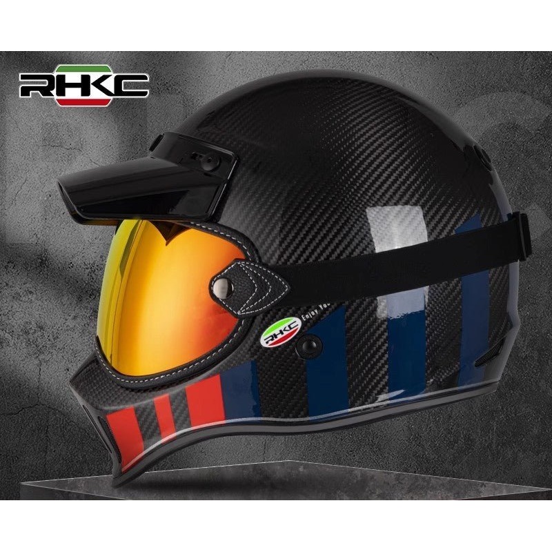 Carbon Fiber, Red, Blue & Black RHKC Motorcycle Helmet Medium (M)= 57-58 CM’s No Goggles