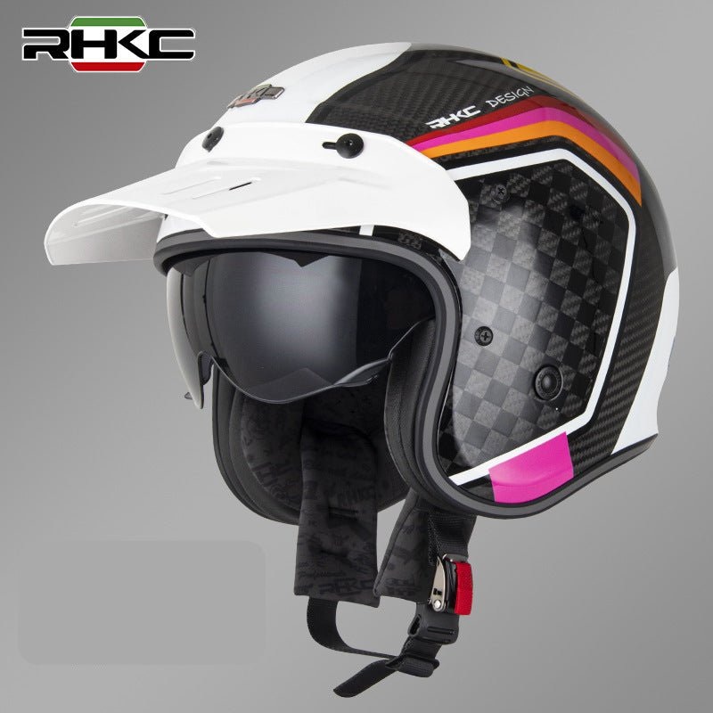Carbon Fiber, White, Pink & Orange RHKC Open Face Motorcycle Helmet Medium (M)= 53-54 CM’s