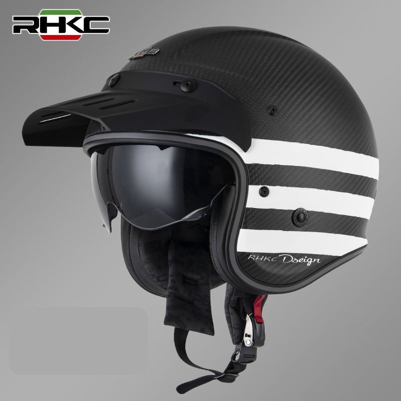 Carbon Fiber & White Stripe RHKC Open Face Motorcycle Helmet Medium (M)= 53-54 CM’s